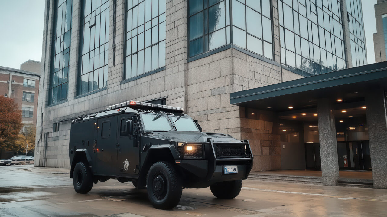 Armored police vehicle parked in urban street near modern building