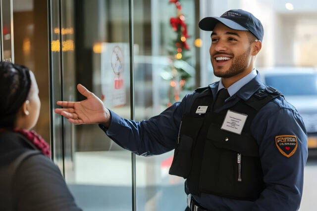 A friendly male security guard in a neat, well-fitted uniform standing at the entrance of a building A friendly male security guard in a neat, well-fitted uniform standing at the entrance of a building