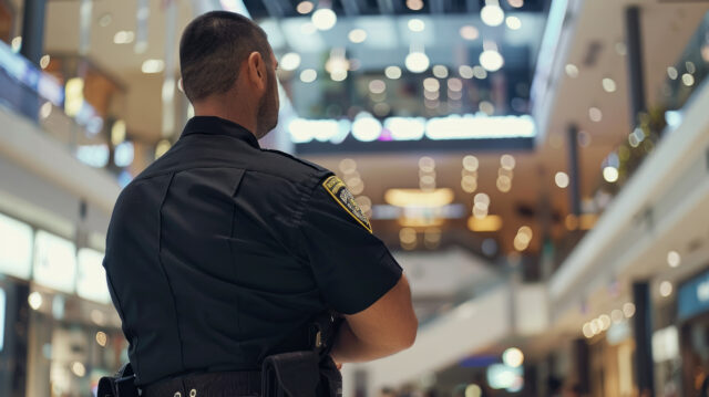 Armed security guard keeps order in store, police officer stands Armed security guard keeps order in store, police officer stands